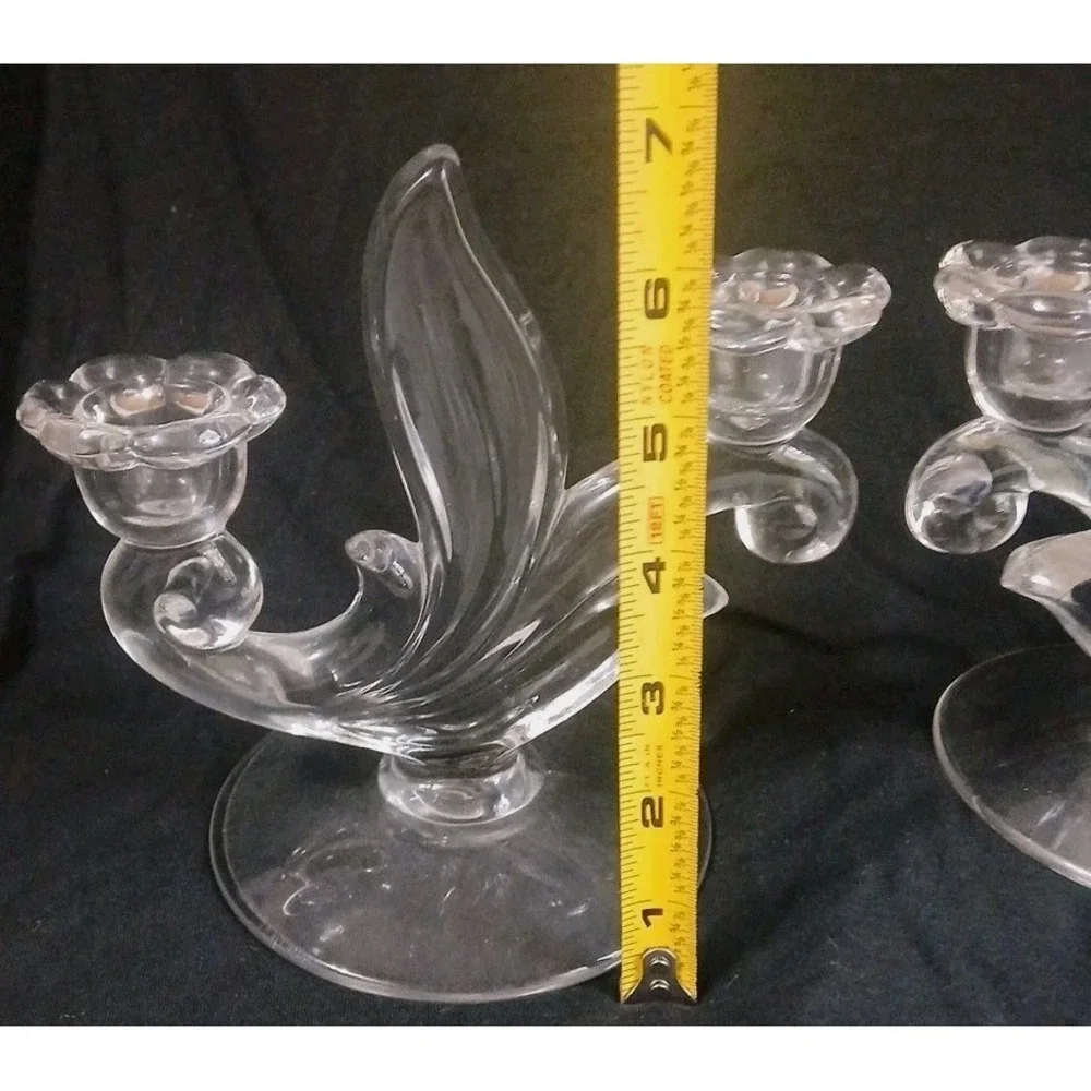 2 Glass Candleholders Double Candelabra Canterbury Style Floral Flame‎ Art Deco